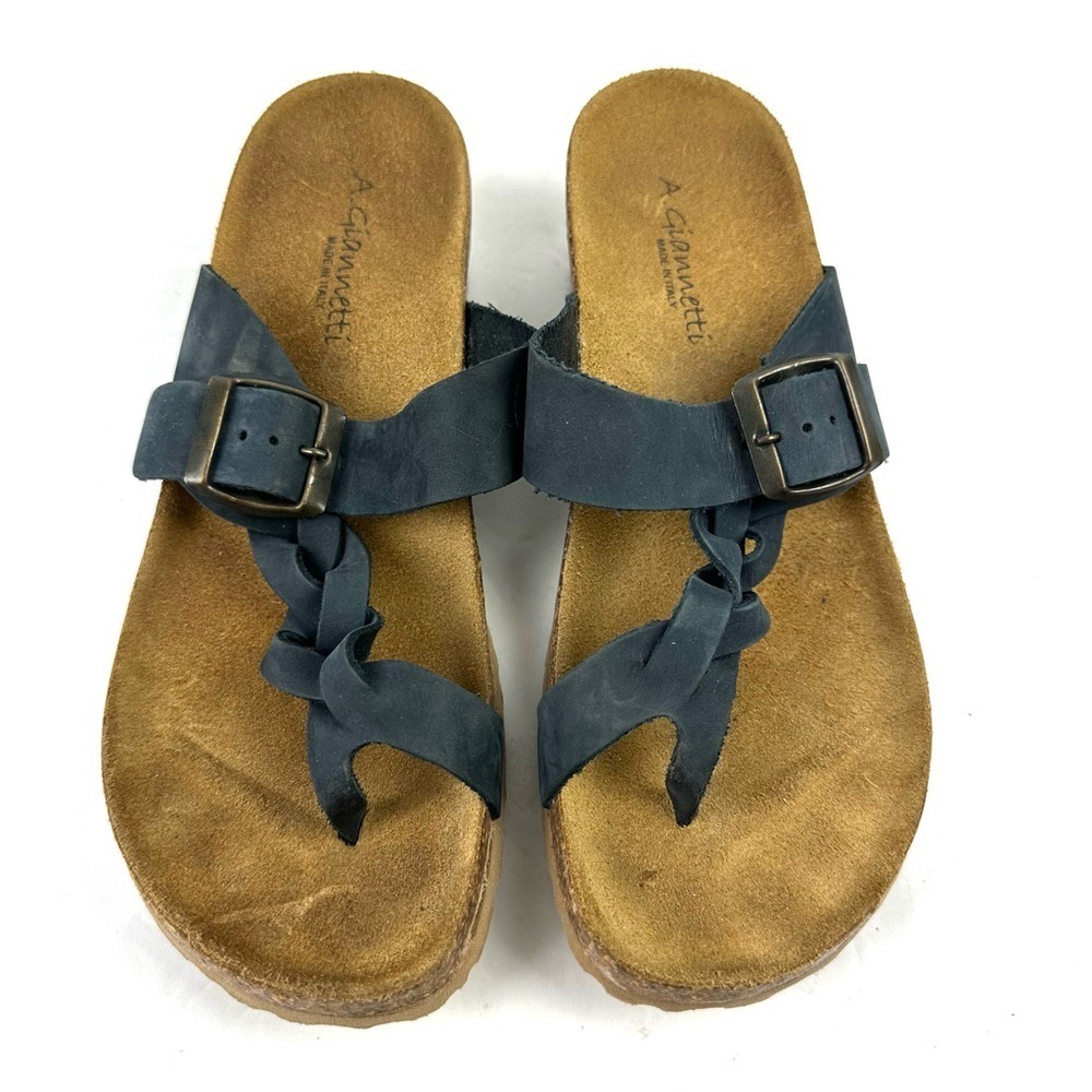 A Giannetti Bia Sandals 6 Blue‎ Leather Braided Strap Skip On Wedge Shoes